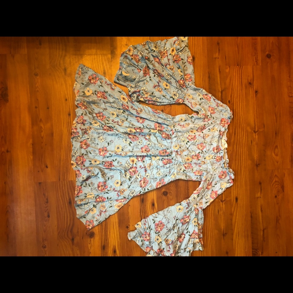 Light blue, smocked floral dress with bell sleeves
